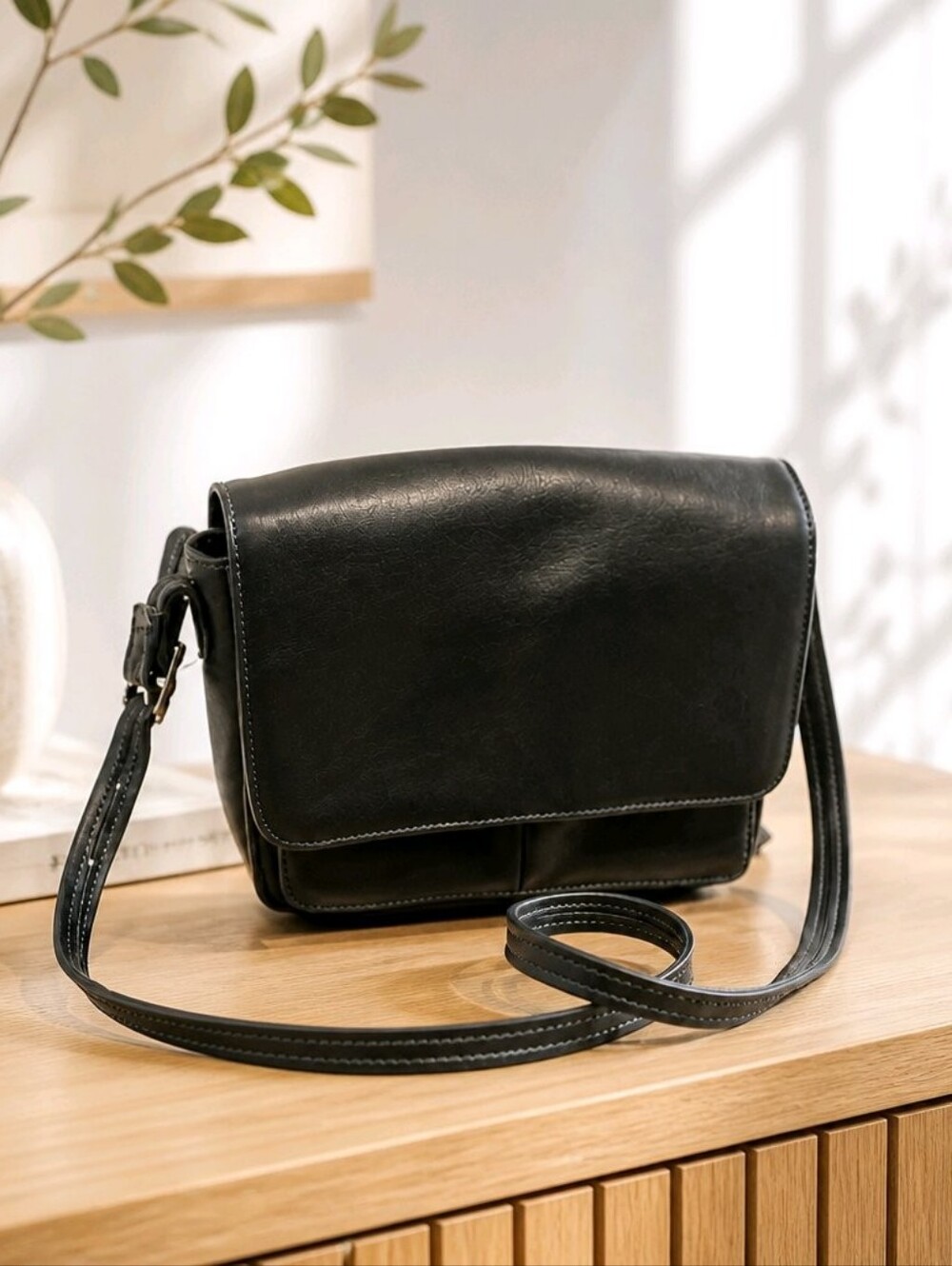Tignanello Black Leather Flap Crossbody Bag